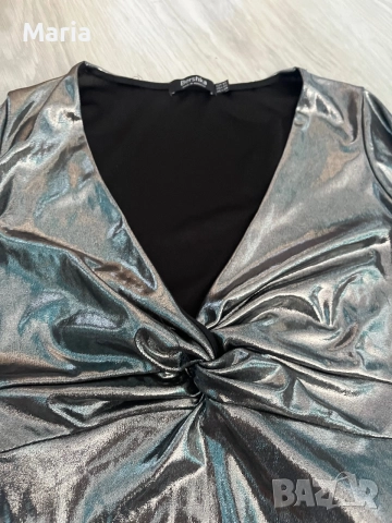 Bershka металик боди с дълъг ръкав – XS, снимка 2 - Корсети, бюстиета, топове - 55525575