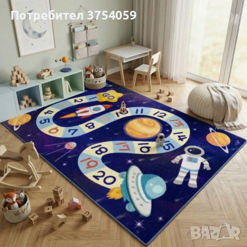 Детски килим за игра 120х160см - Тъмносин килим с космос и пътека от числа, противоплъзгащ и миещ се, снимка 4 - Килими - 55162666