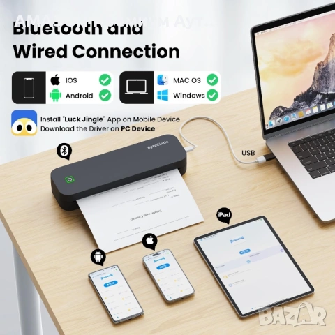 ByteCintia D80 Преносим Bluetooth термопринтер/поддържа А4/4/3/2”/Android/iOS/лаптоп/без мастило, снимка 3 - Друга електроника - 54686884