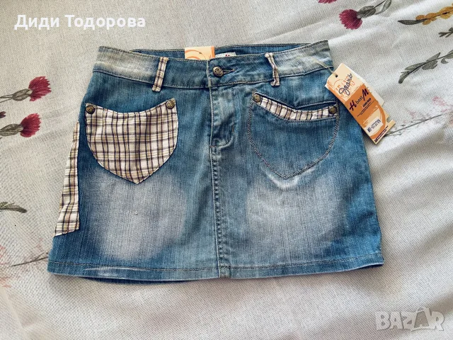 💥 Нова дамска дънкова мини пола с етикет и карирани детайли (Размер 26 / S)
