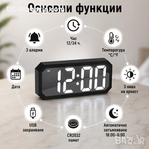 Модерен дигитален електронен часовник с термометър големи цифри светещ на ток температура за спалня, снимка 2 - Други - 51038251