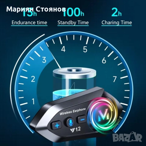 Интерком за каска Мото Intercom Слушалка за каска Блутут Bluetooth 5.4 Хендсфри за мотор Y12 2в1, снимка 4 - Аксесоари и консумативи - 54803526