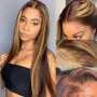 Естествена перука от бразилска коса 70-75 см - Lace Front 13x6, кафява с руси кичури, 200% плътност, снимка 1