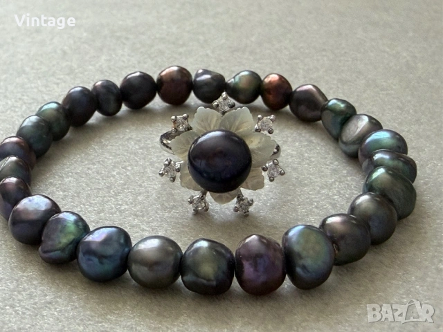 Сребърен пръстен и гривна с естествени черни перли 