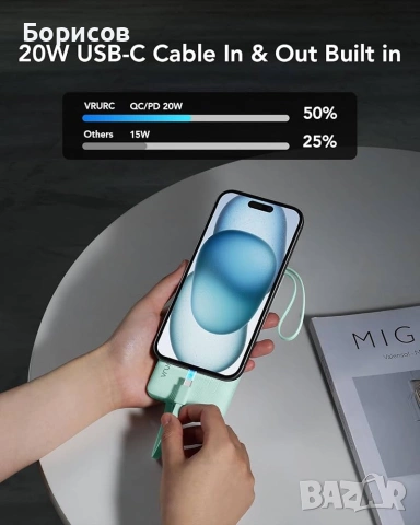 Преносима батерия (power bank) VRURC, модел T1116, с капацитет 10000 mAh и вградени кабели, снимка 5 - Външни батерии - 55068898