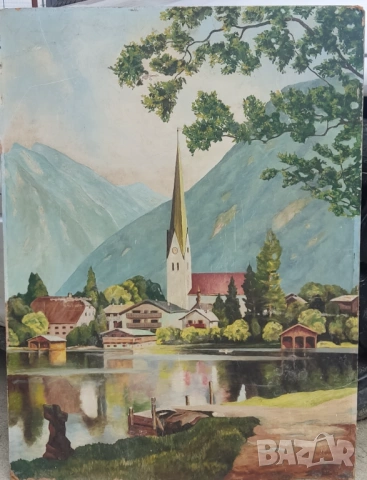 2за95€ 4 Големи стари немски картини масло планински пейзаж, езеро, брези-подписани, снимка 4 - Антикварни и старинни предмети - 54060095
