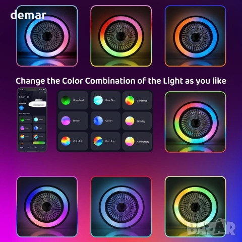 Смарт таванен вентилатор с LED RGB осветление 50 см, WiFi, Alexa, дистанционно, снимка 4 - Вентилатори - 55278527