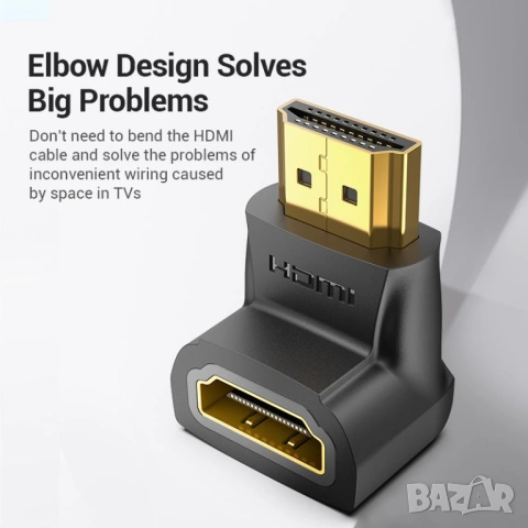 Vention HDMI адаптер 90° ъглов (M/F) – Right Angle HDMI, снимка 3 - Друга електроника - 54421721