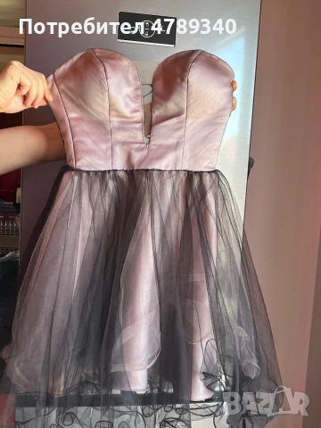 Официална къса рокля тип корсет с розов сатен и черен тюл