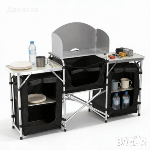 Сгъваема къмпинг кухня с 3 плота – мобилна кухня за къмпинг, пикник и каравана, снимка 9 - Къмпинг мебели - 54153856