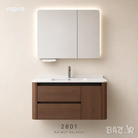 Луксозен шкаф за баня от масивно дърво 2801 (Walnut Balance) със заоблен дизайн и смарт огледало, снимка 5 - Шкафове - 55480754