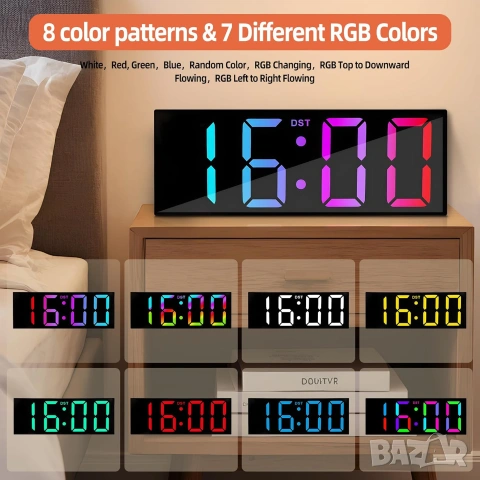 Дигитален Стенен Часовник 12" RGB LED с Дистанционно, Дата и Будилник, снимка 9 - Стенни часовници - 54971834