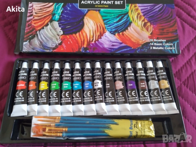 Комплект премиум акрилни бои(14бр.х 22мл.) с 10 четки., снимка 2 - Ученически пособия, канцеларски материали - 54191315