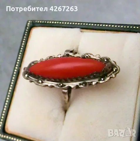 Старинен Art Deco сребърен пръстен с корал и марказити, снимка 3 - Пръстени - 55422229