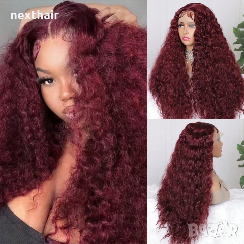 Тъмно червена Бургунди къдрава перука 70 см Lace Front 13x4x1