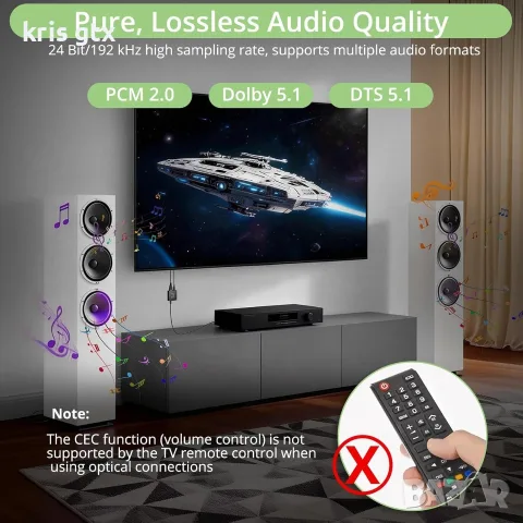 HDMI ARC/eARC към Optical аудио екстрактор 192KHz 24bit Output подържа PCM 2.0 Dolby 5.1 DTS 5.1, снимка 6 - Други - 55547114