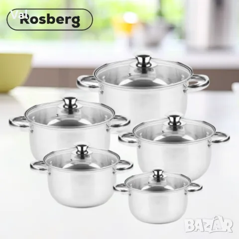 Комплект тенджери Rosberg R51210O10, включва-18/20/22/24/26см., Неръждаема стомана, снимка 3 - Съдове за готвене - 55335072