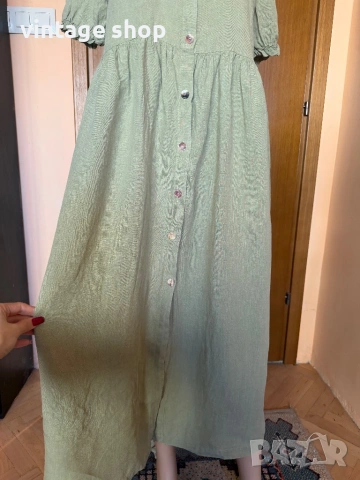 Ленена рокля в маслинено зелен цвят Zara, снимка 4 - Рокли - 54100255