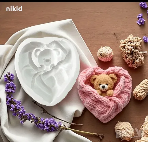 мече в плетено сърце плетиво плетка силиконов молд форма фондан, снимка 4 - Форми - 55496261