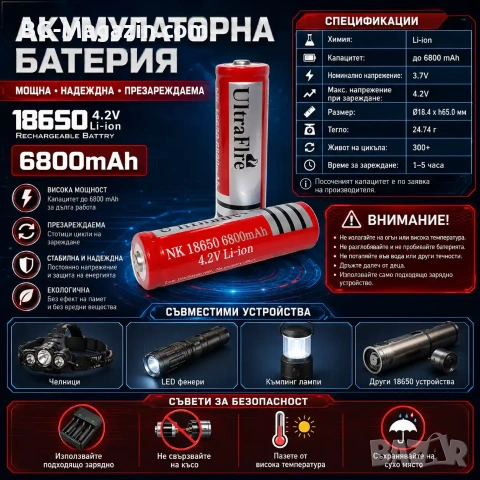 Акумулаторна презареждаща се батерия 18650 6800mAh 4.2V Li-ion презареждаща се за фенр челник, снимка 8 - Друга електроника - 51102962