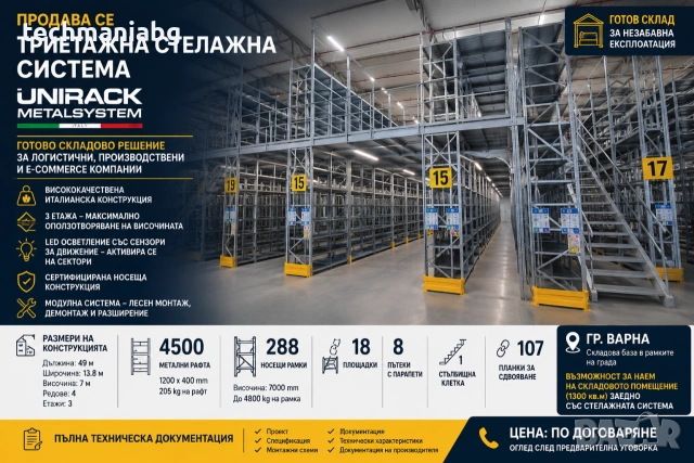 Продава се професионална триетажна складова стелажна система UNIRACK METALSYSTEM (Italy)