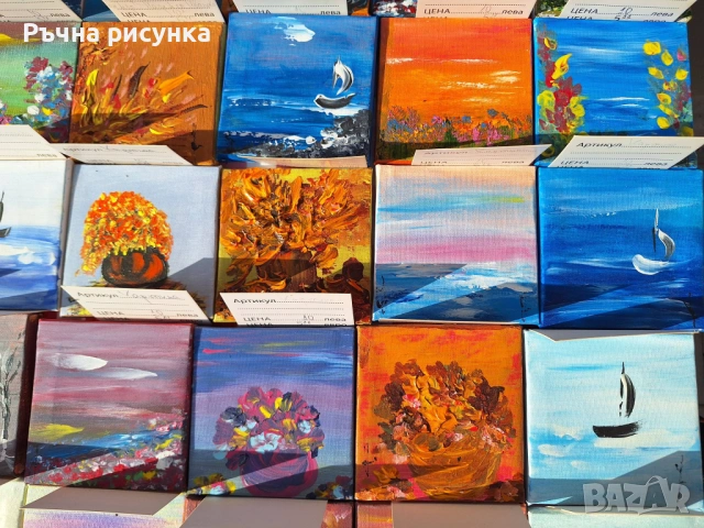 Малки рисувани картини с природа и море със статив , снимка 2 - Декорация за дома - 44423656
