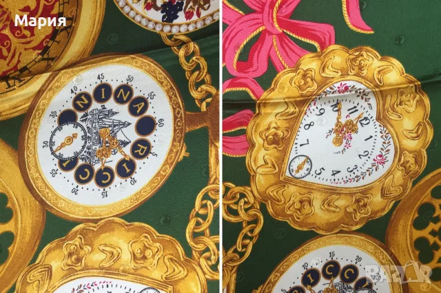 Nina Ricci Голям Дамски Шал от 100% Коприна Оригинален Нина Ричи Зелен Цветя Парфюми, снимка 4 - Шалове - 55645624