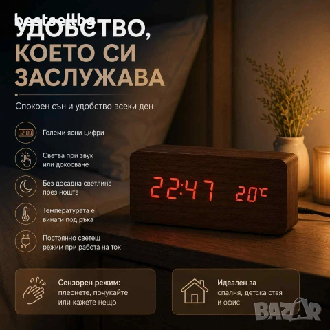 Постоянно светещ електронен часовник с дигитален термометър за стая, снимка 3 - Други - 29155085