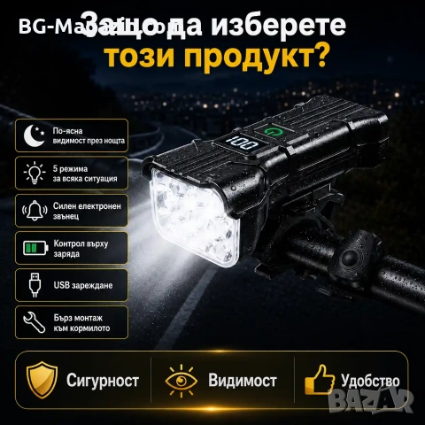 Мощен LED фар за велосипед тротинетка 2 в 1 със силен звънец и дигитален дисплей, снимка 5 - Аксесоари за велосипеди - 55123818