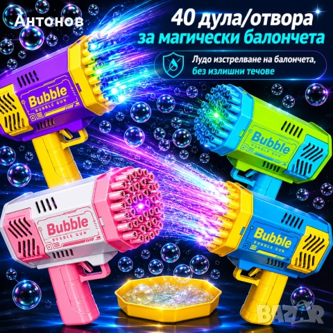 Автоматичен пистолет за сапунени балончета Bubble gun с 40 дула и LED светлина, снимка 9 - Други - 54826361