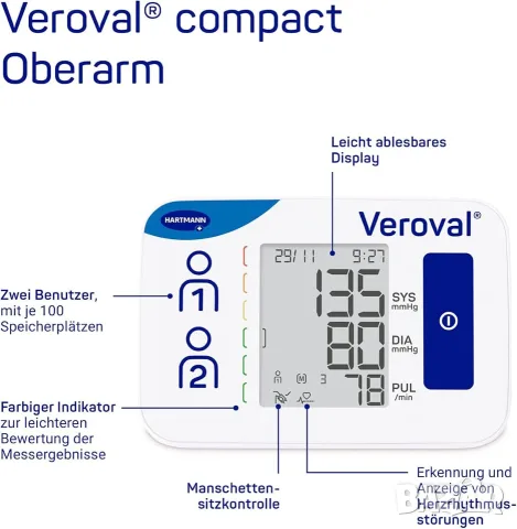 автоматичен апарат за измерване на кръвно налягане Hartmann Veroval Compact, снимка 3 - Уреди за диагностика - 55425592