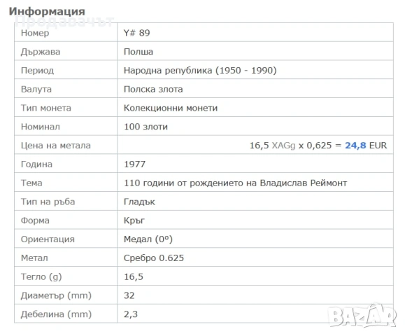 Сребро 100 злоти 1977 г. Полша, снимка 3 - Нумизматика и бонистика - 54569074