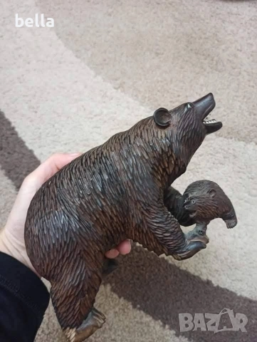 Масивна японска дървена пластика,дърворезба-Мечка с малко мече