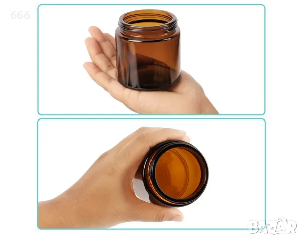 8 броя кръгли кехлибарени стъклени буркани с черни капачки 120ml, снимка 3 - Други стоки за дома - 55463421