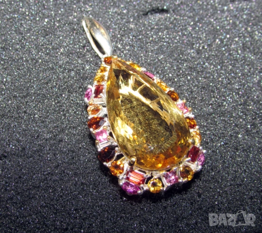 925 сребърно колие с голям цитрин, минерал 60 карата, снимка 2 - Колиета, медальони, синджири - 53983700