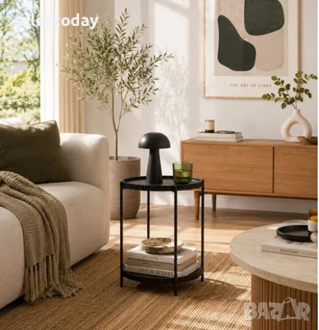 Помощна кръгла маса, 2 нива, черна, снимка 2 - Маси - 55231698
