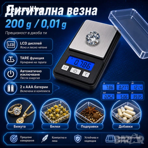 Малка кухненска електронна везна теглена за злато бижута 0.01 до 200гр