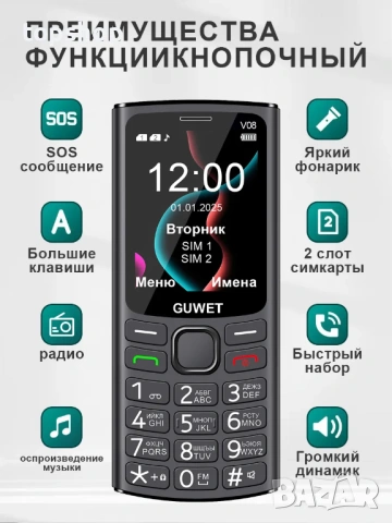 Нов запечатан оригинален мобилен телефон за възрастни с копчета GUWET V08 – 2 SIM, Type-C, OLED, снимка 11 - Телефони с две сим карти - 54718161