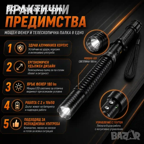 Мощен електрошок с LED фенер телескопична палка за самозащита кучегон самоотбрана защита от кучета, снимка 4 - Оборудване и аксесоари за оръжия - 51014827