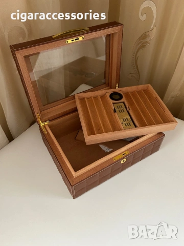 Хумидор за 50 пури – кедър, кожа, стъкло, дигитален хигрометър, снимка 5 - Табакери - 53958345