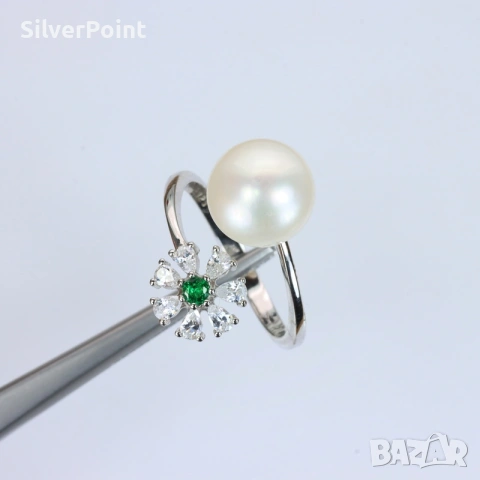 Сребърен пръстен с натурална Перла и Цаворит , снимка 2 - Пръстени - 54234508