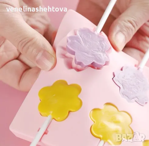 12 гнезда цветя силиконов молд форма lolipop близалка сладолед на клечка бонбони желе шоколад , снимка 2 - Форми - 55330677