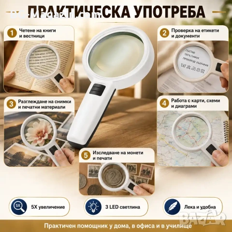 Увеличителна стъклена ръчна лупа с LED осветление дръжка за четене на книга вестник 5X увеличение, снимка 7 - Други инструменти - 50920083