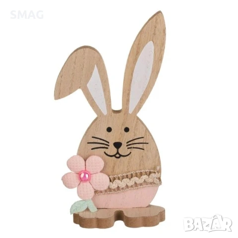 Великденско настолно дървено декоративно зайче с цвете, 8.5x4.5x17 см_1248342, снимка 4 - Декорация за дома - 54226647