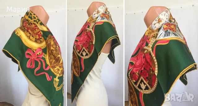 Nina Ricci Голям Дамски Шал от 100% Коприна Оригинален Нина Ричи Зелен Цветя Парфюми, снимка 15 - Шалове - 55645624
