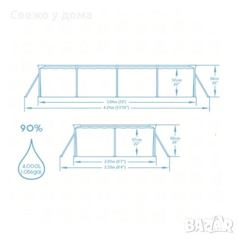 BESTWAY Steel Pro басейн 366x201x66 см с филтърна помпа - 4000 л капацитет, бърз монтаж и здрава мет, снимка 2 - Басейни и аксесоари - 54853934