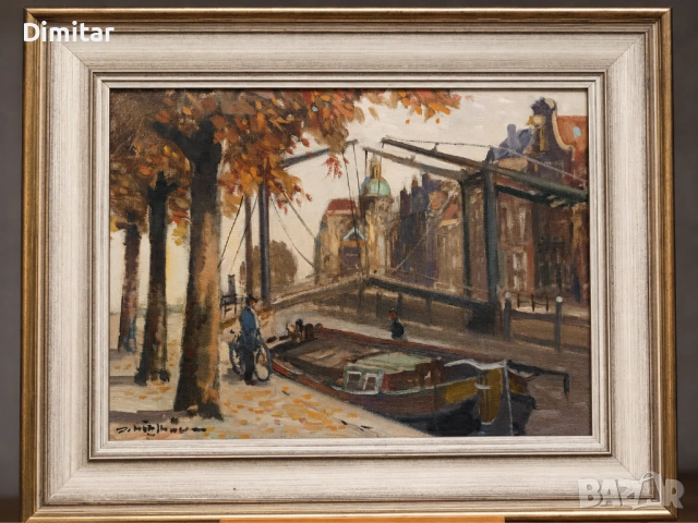 Стара западноевропейска картина – масло върху платно,лодки, пейзаж, масивна рамка