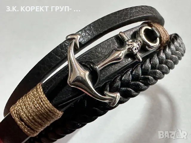 Мъжка гривна Silver Flame с котва – естествена кожа и неръждаема стомана – 21,5 см, снимка 2 - Гривни - 55411936
