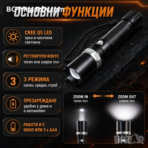 Мощен полицейски акумулаторен лед фенер CREE LED презареждаем регулируем фокус лов риболов къмпинг, снимка 2 - Къмпинг осветление - 51027702