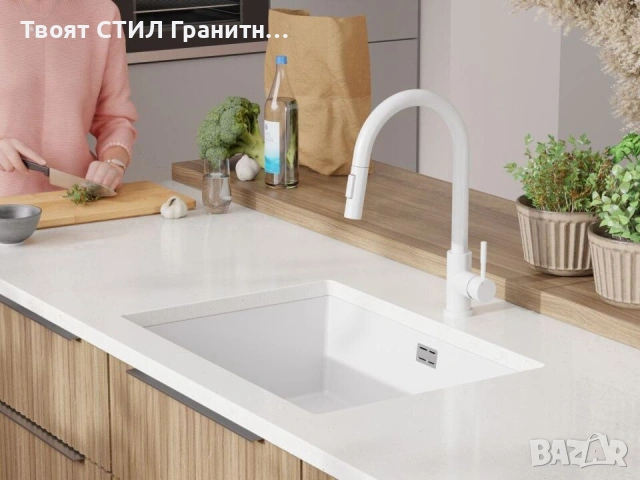 Бял гранитна кухненска мивка за вграждане Лондон 70 XXL 660x470 мм, снимка 4 - Мивки - 54700894
